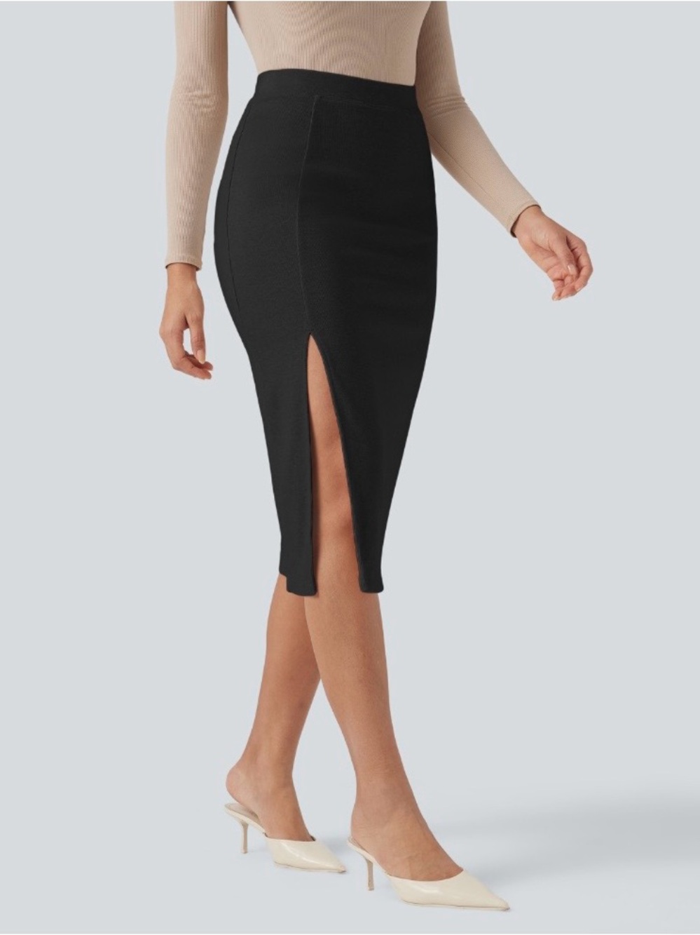 NWT HALARA High Waisted Bodycon Casual Midi Pencil Skirt W/Slit Black Sz Large